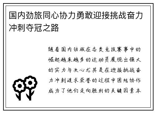 国内劲旅同心协力勇敢迎接挑战奋力冲刺夺冠之路