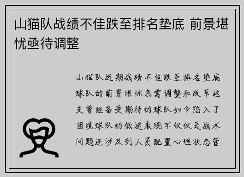山猫队战绩不佳跌至排名垫底 前景堪忧亟待调整