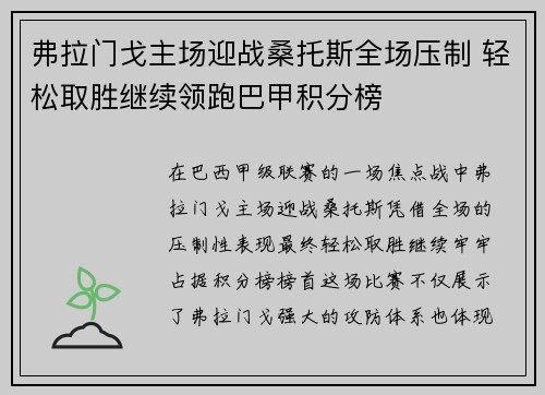 弗拉门戈主场迎战桑托斯全场压制 轻松取胜继续领跑巴甲积分榜