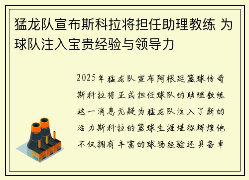 猛龙队宣布斯科拉将担任助理教练 为球队注入宝贵经验与领导力