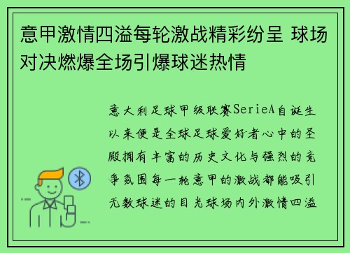 意甲激情四溢每轮激战精彩纷呈 球场对决燃爆全场引爆球迷热情