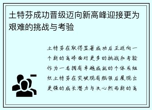 土特芬成功晋级迈向新高峰迎接更为艰难的挑战与考验